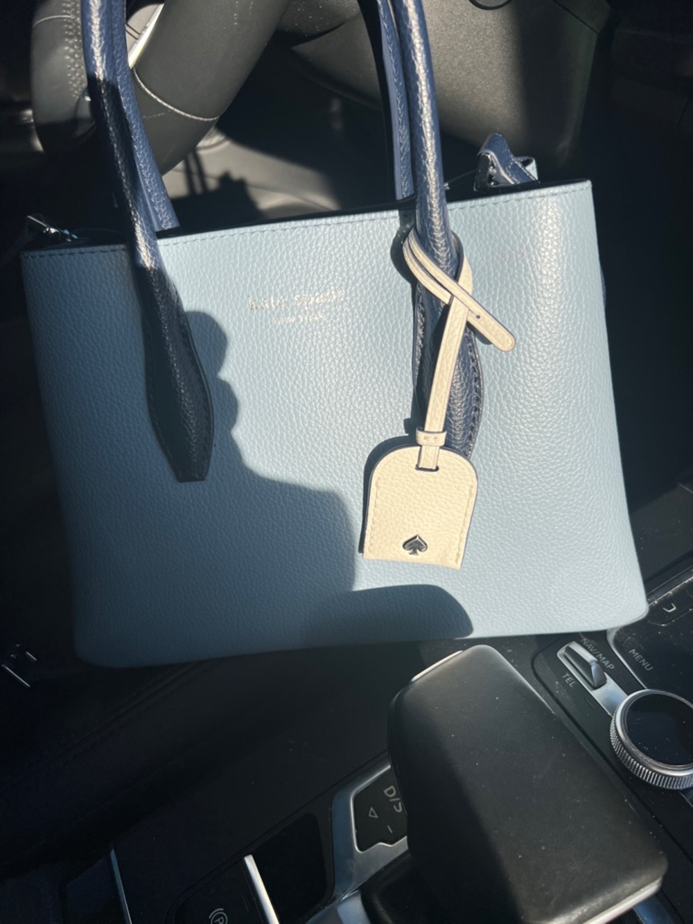 kate spade Light Blue Pebbled Leather Satchel with Navy Handles and Cream Tag